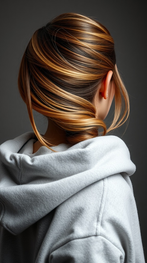 A woman with side-swept hair wearing a gray hoodie, showcasing elegant waves in her hairstyle.