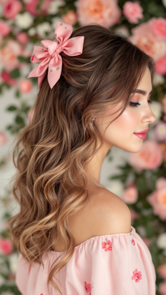 A woman with side-swept hair styled with a pink bow accessory.