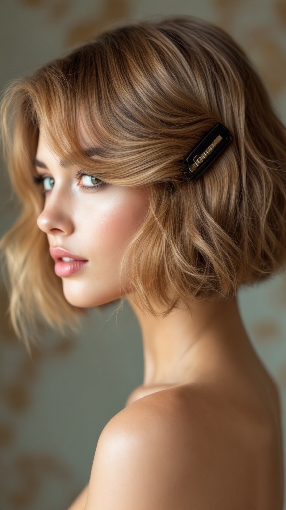 A young woman with short, wavy hair styled in a side-swept look, secured with a black claw clip.