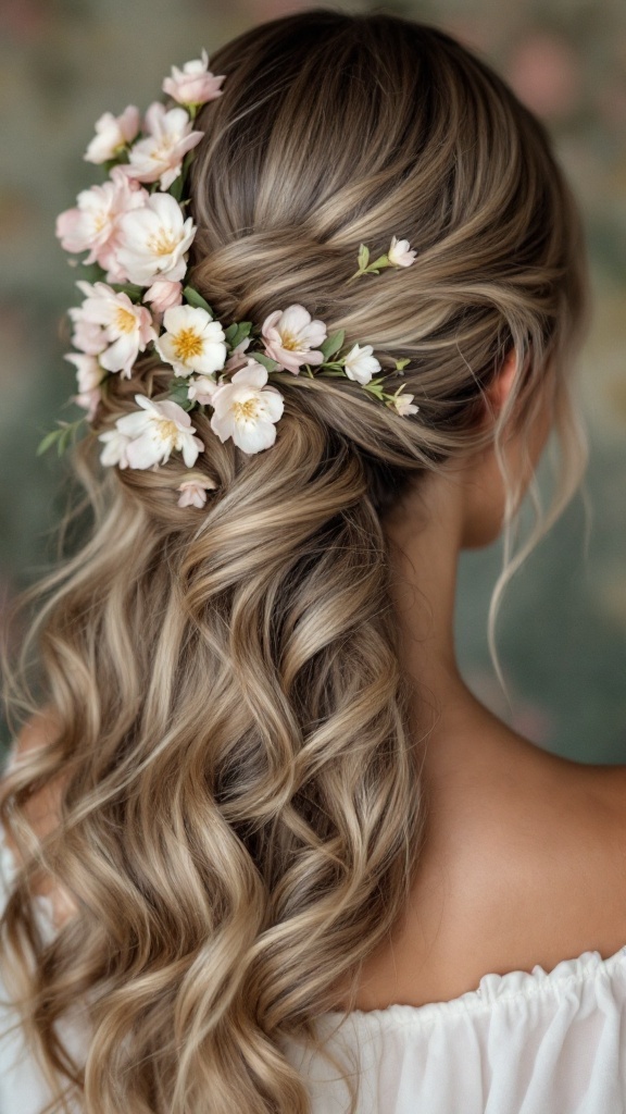 Bridal hairstyle featuring soft waves and gardenias.