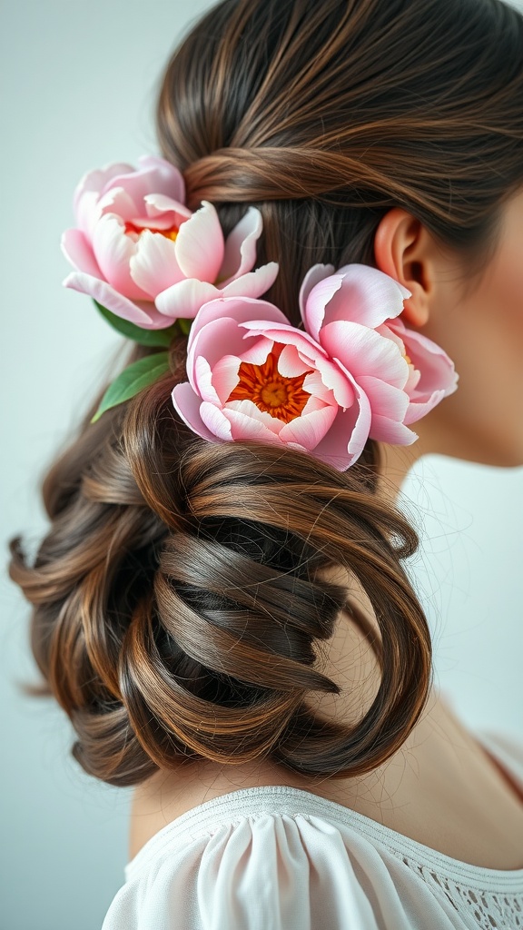 A woman with side-swept hair adorned with pink peonies, showcasing an elegant hairstyle.