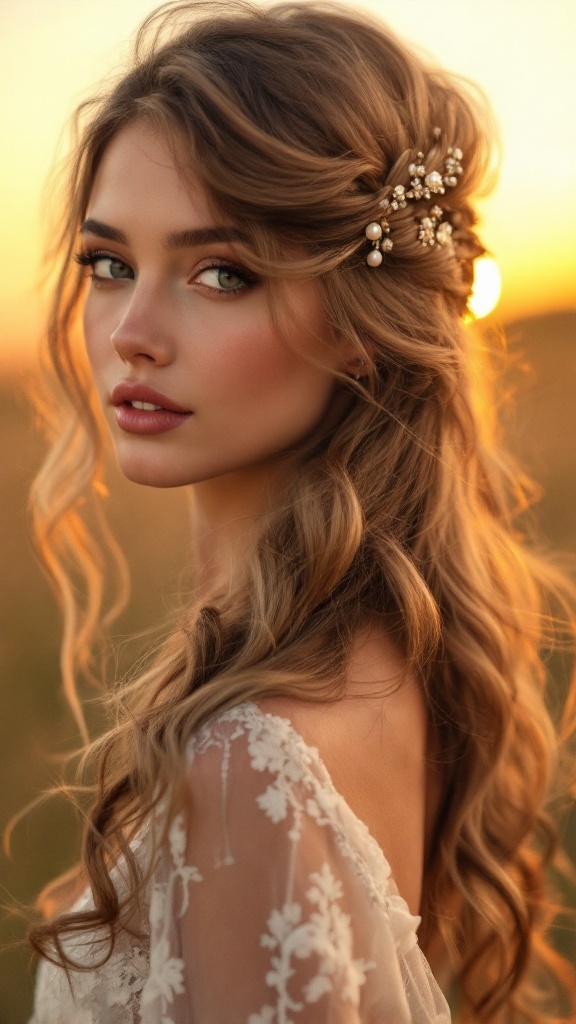 A woman with side-swept hair styled in soft waves, adorned with a vintage clip.