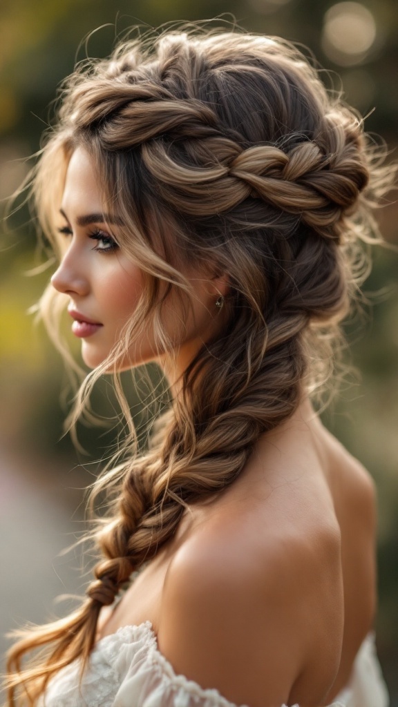 A woman with a side-swept halo braid hairstyle, featuring a braided crown and loose waves.