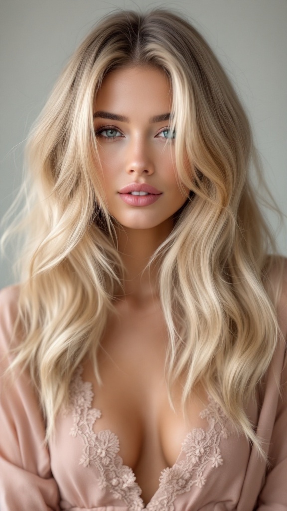 Woman with medium length layered hair styled in soft waves, swept to the side