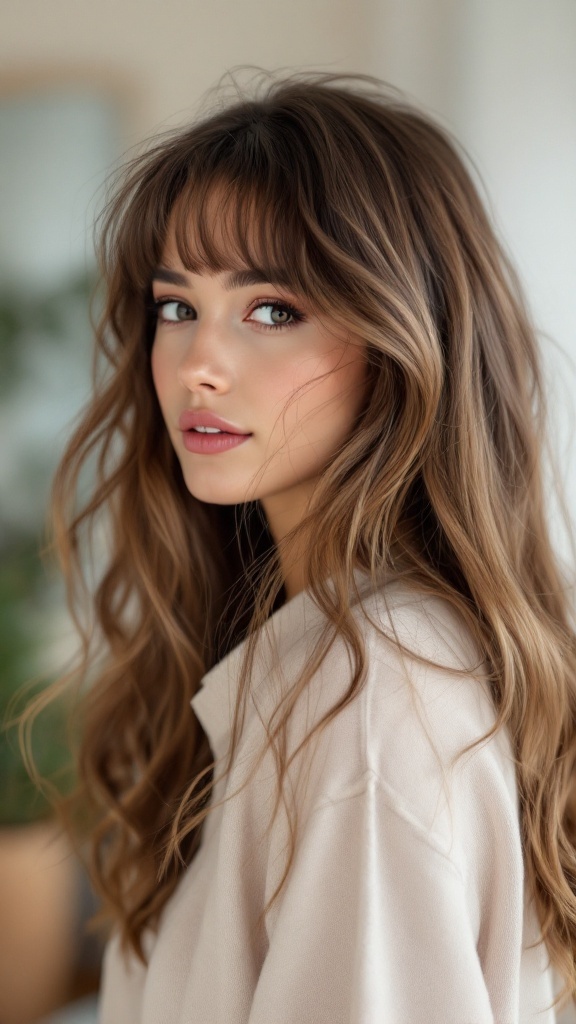 A woman with long, loose curls and a side-swept fringe, showcasing a natural and soft hairstyle.