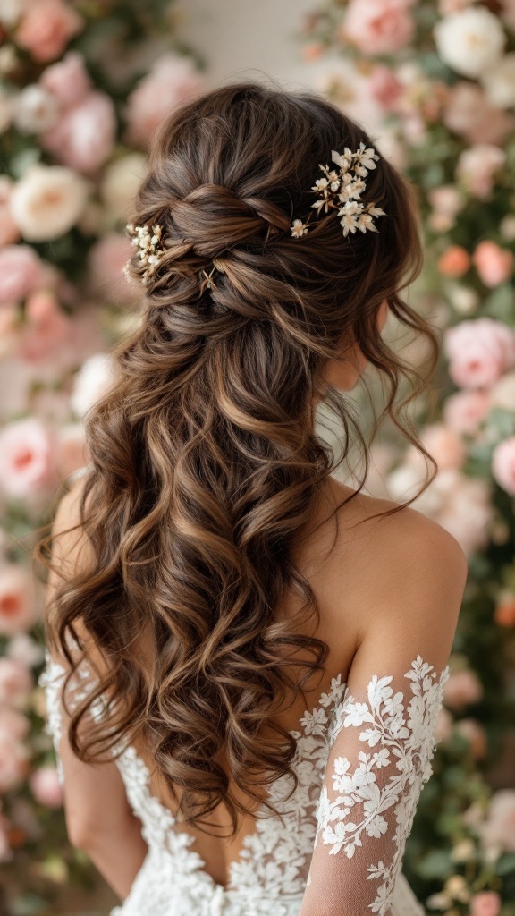 Bridesmaid hairstyle featuring side-swept loose curls adorned with floral accessories.
