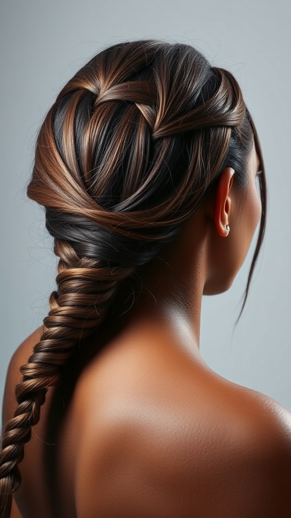 A close-up view of a woman with side-swept medium knotless braids, showcasing the elegant style and intricate braiding technique.