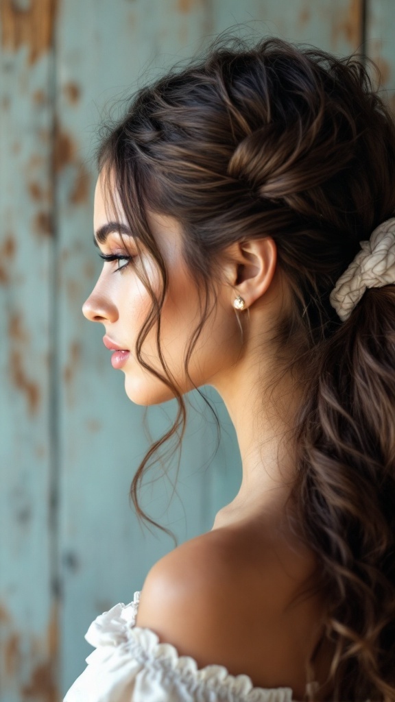 A woman with a side-swept messy ponytail and a hair wrap, showing a relaxed and stylish hairstyle.