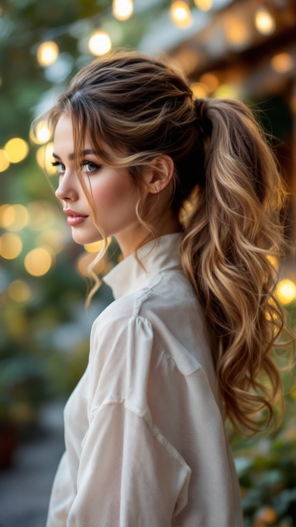 A woman with a side-swept ponytail featuring loose curls, exuding a chic and casual look, surrounded by warm lighting.