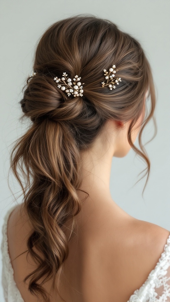 A side-swept ponytail hairstyle adorned with vintage pins, showcasing soft waves and a romantic look.