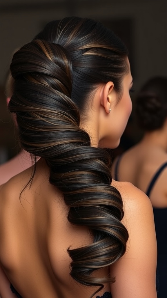 A side-swept ponytail hairstyle with volume, featuring glossy strands and soft curls draping over one shoulder.