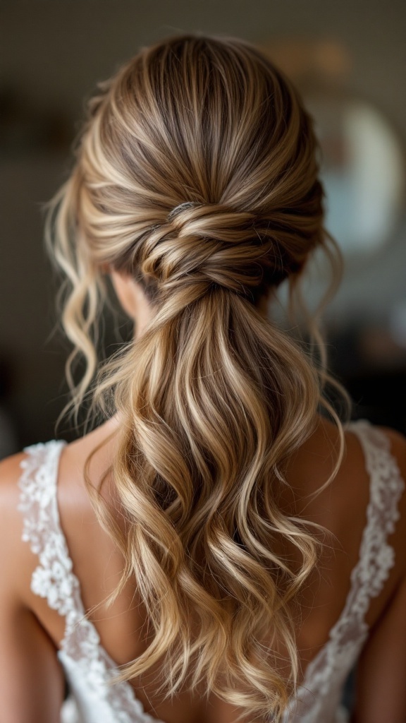 A woman with a side-swept ponytail featuring soft waves, showcasing an elegant hairstyle for bridesmaids.