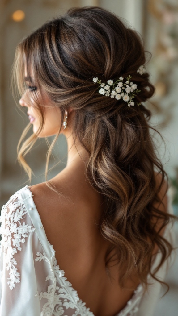 A side view of a bride with romantic waves and small flowers in her hair
