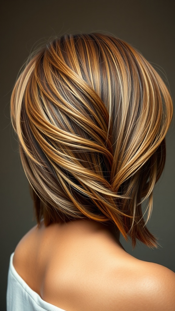 A close-up view of a stylish side-swept shag hairstyle with layers and highlights.