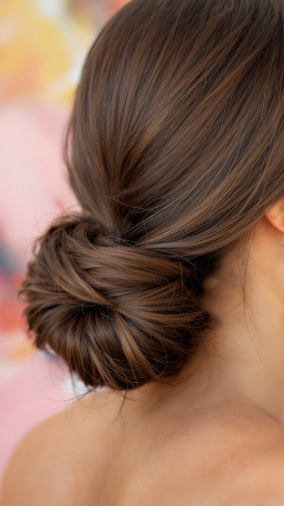 A side-swept sleek bun hairstyle showcasing smooth and shiny hair.
