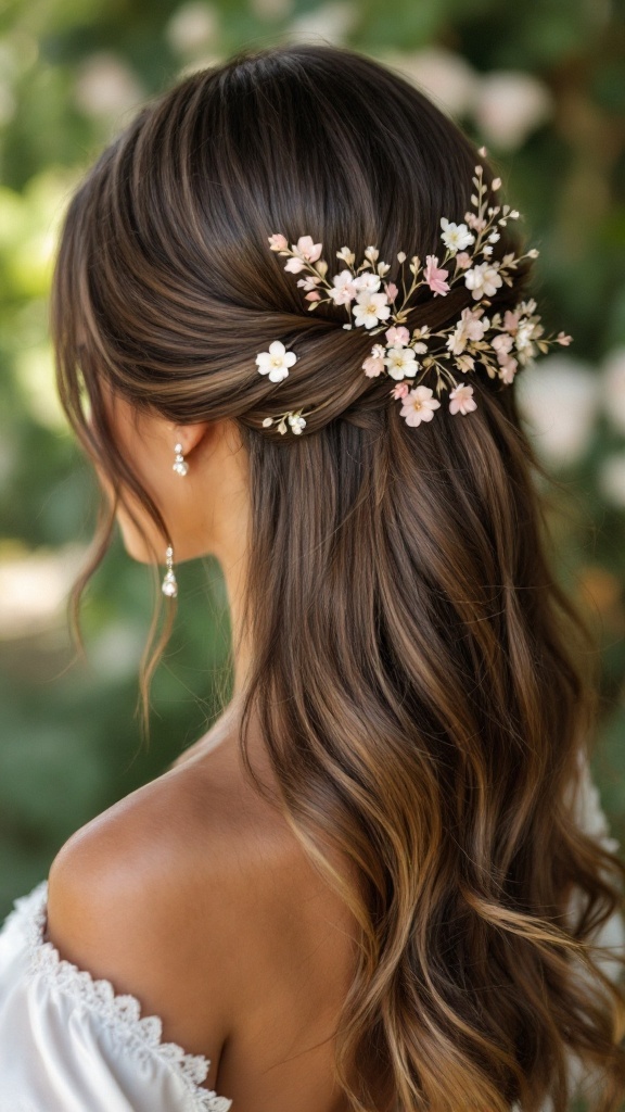 A beautiful side-swept hairstyle with floral pins