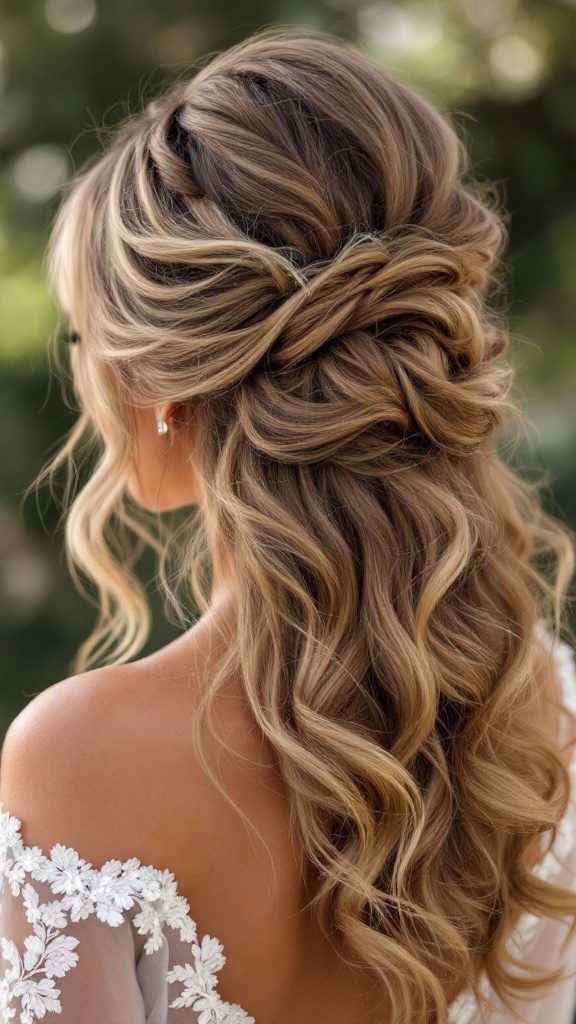 A beautiful side-swept updo with cascading curls, showcasing an elegant hairstyle.