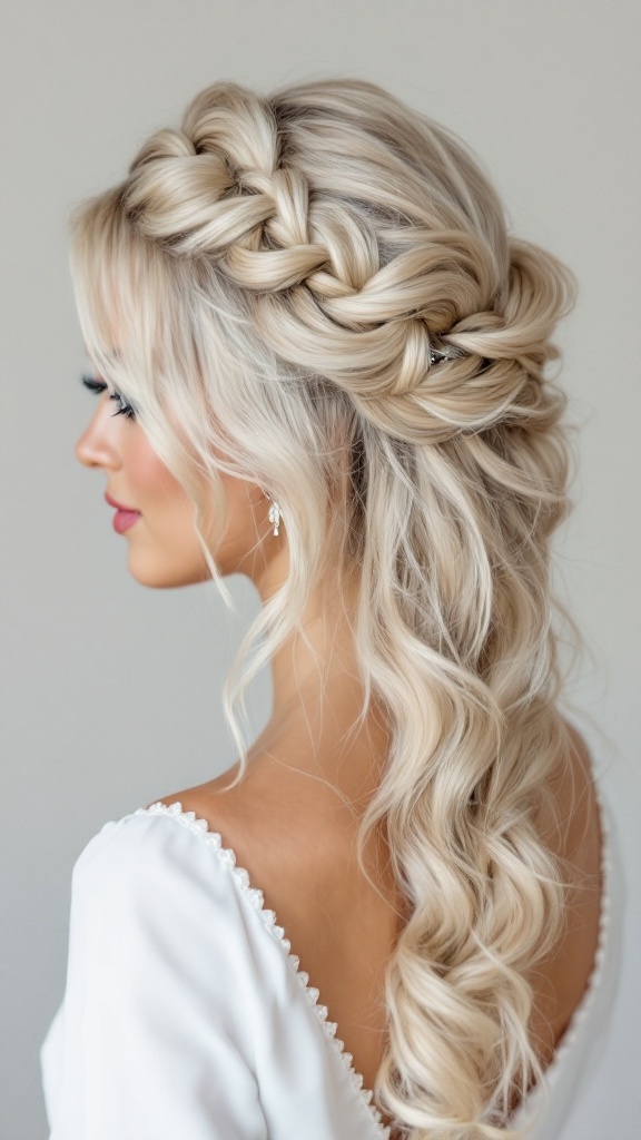 A blonde woman with long hair styled in side-swept waves and braids, showcasing a bridesmaid hairstyle.