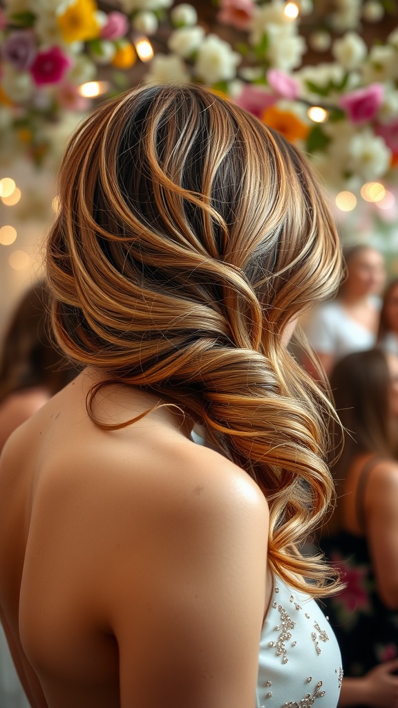 A woman with side-swept waves, showcasing warm tones and a touch of glitter, surrounded by a floral backdrop