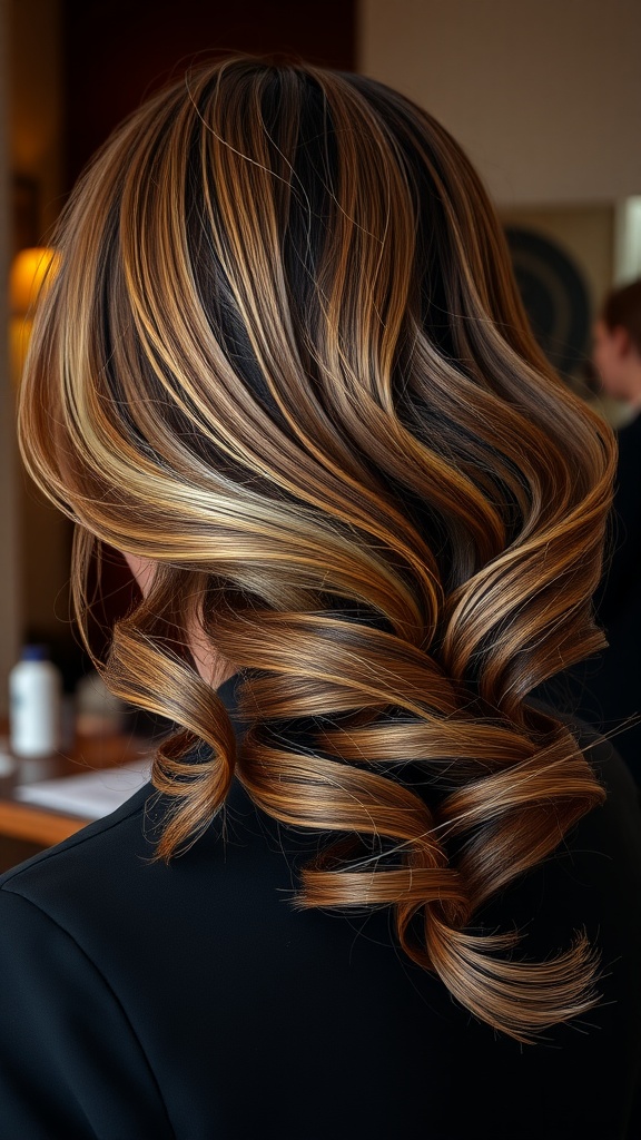 Side-swept waves with volume showing rich highlights and soft curls