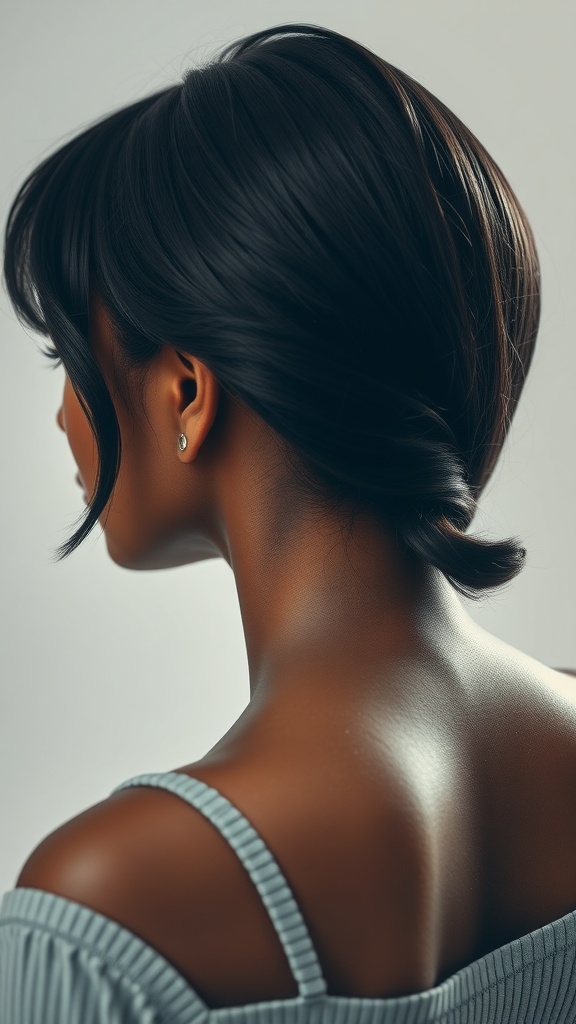 A woman with a side-swept weave and bangs, showcasing a sleek hairstyle.