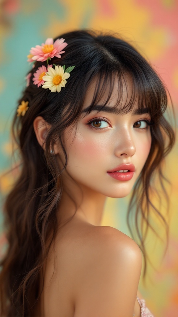 A young woman with side bangs and floral hair accessories, showcasing a stylish hairstyle.