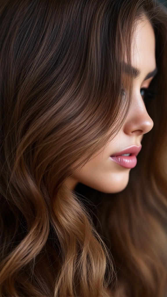 A close-up of a woman's side profile showcasing side bangs with a deep side part, highlighting soft waves and rich hair tones.