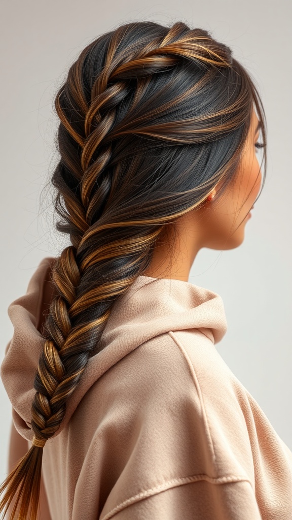 A woman with a stylish side braid, wearing a light-colored hoodie.