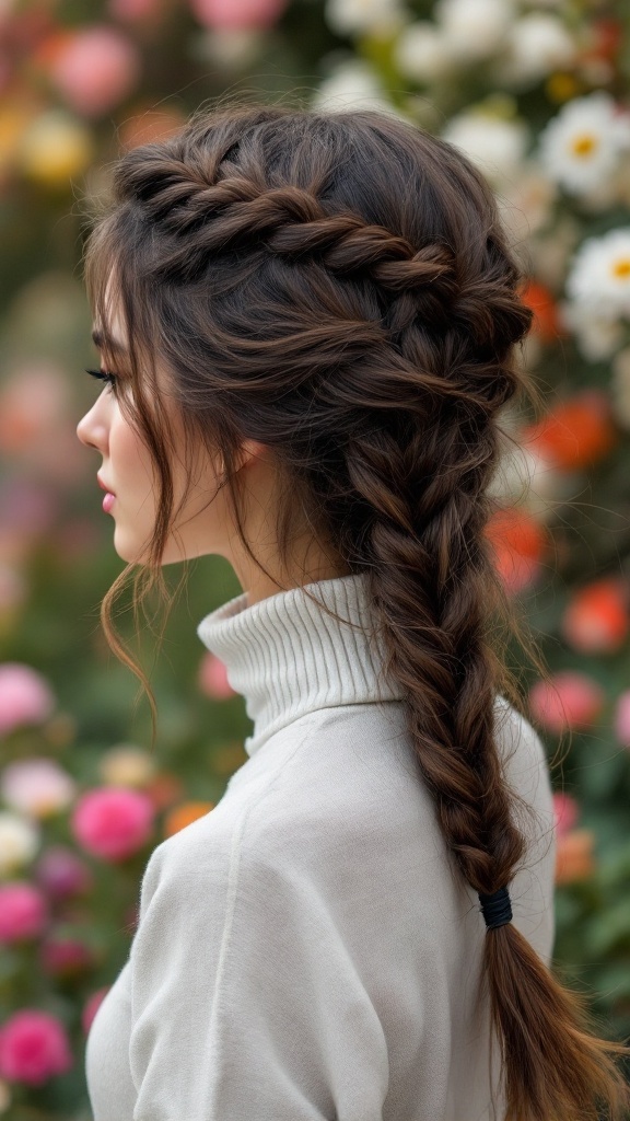 A woman with a side braid wearing a turtleneck, surrounded by flowers.