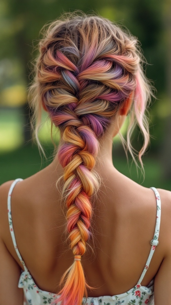 A woman with a colorful ombre side braid, showcasing vibrant shades of pink and orange.