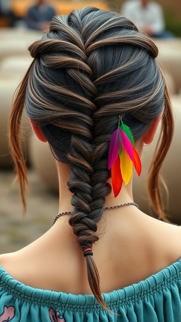 A stylish side braid adorned with colorful feathers, showcasing a bohemian hairstyle.