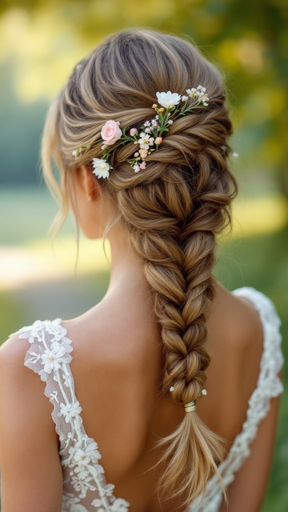 A beautiful side braid adorned with floral accents, showcasing a lovely hairstyle.
