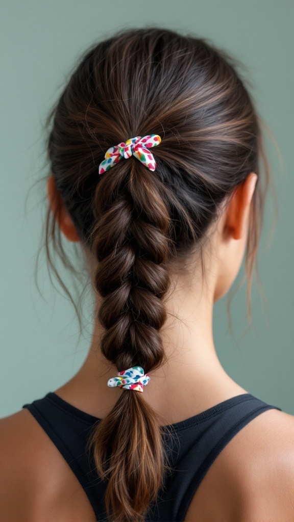 A woman with a side braid secured with colorful hair ties.
