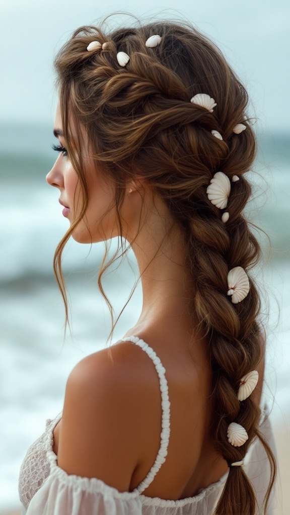 A woman with long hair styled in a side braid, decorated with seashells, standing by the beach.