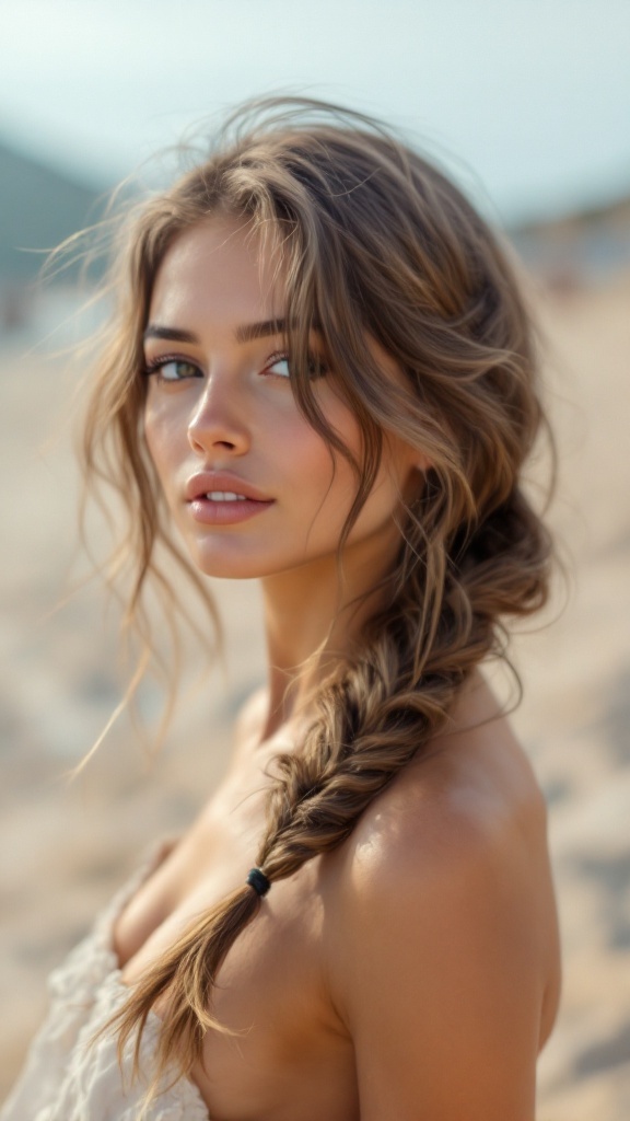 A close-up of a woman with a side braid and textured waves, smiling softly against a beach backdrop.