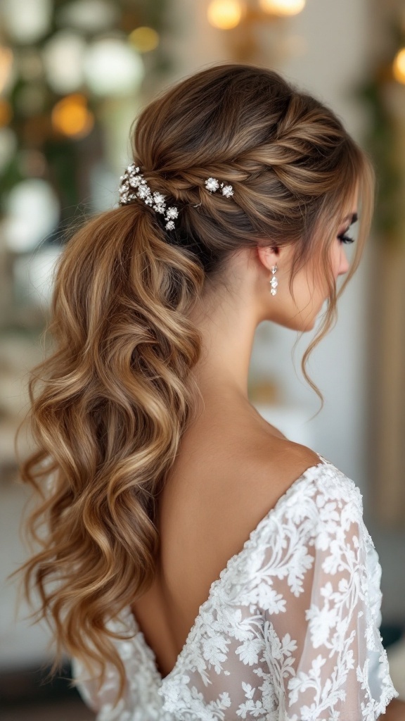 A woman with a side ponytail featuring cascading waves and decorative hairpins, wearing a lace wedding dress.