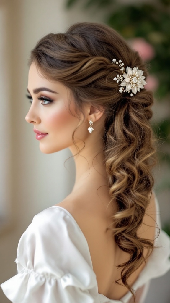 A bride with a side ponytail hairstyle adorned with a vintage brooch.