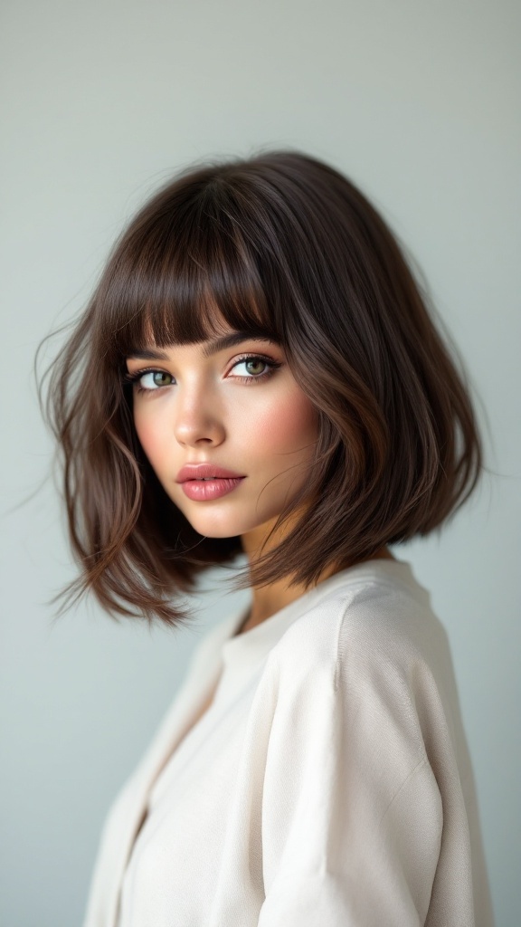 A woman with short hair and side swept bangs, looking stylish and fresh.