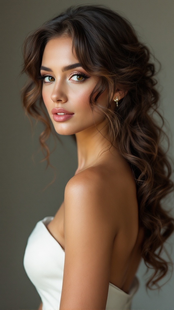 Woman with side swept curls wearing a one shoulder dress