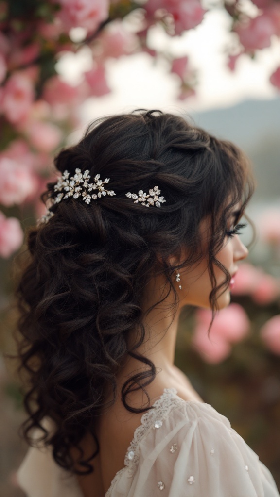 A hairstyle featuring side swept curls adorned with sparkling clips, set against a backdrop of pink flowers.