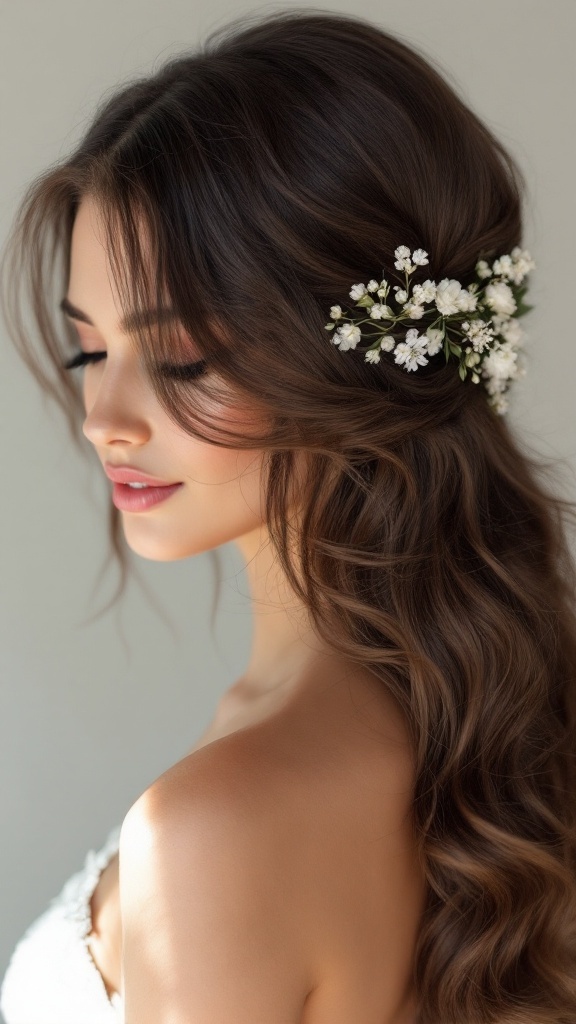 A woman with side swept hair adorned with a floral headpiece, showcasing a romantic wedding hairstyle.