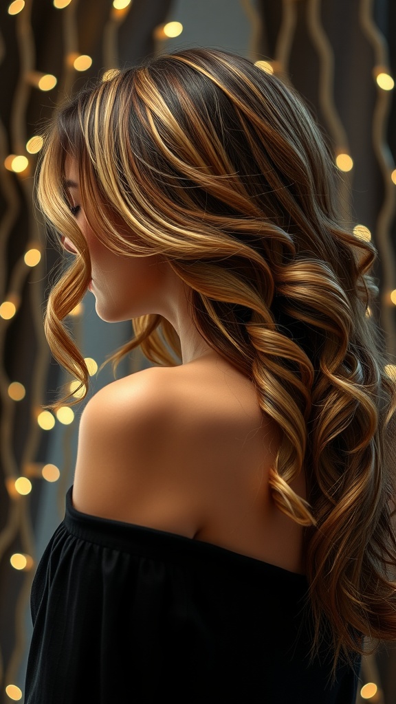 A woman with side swept loose curls, showcasing a stylish hairstyle with soft, bouncy waves.