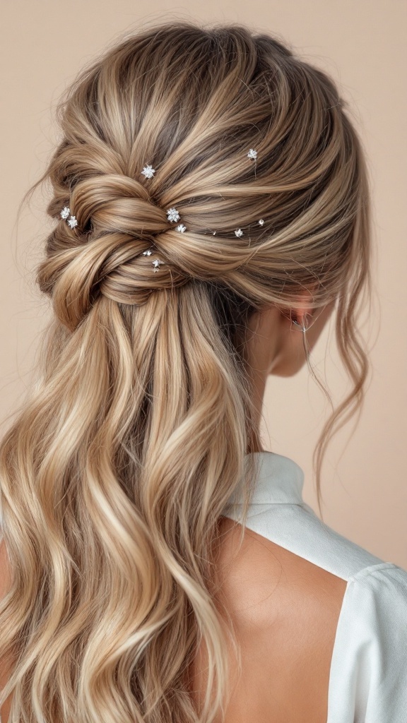 Side twisted half up hairstyle adorned with glitter pins