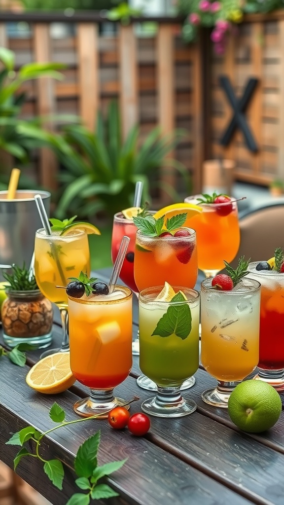 A selection of colorful cocktails on a wooden table, garnished with fresh fruits and herbs