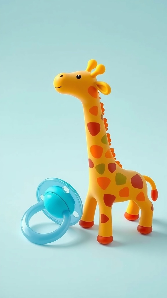 A colorful silicone giraffe teething toy and a blue pacifier on a light blue background.