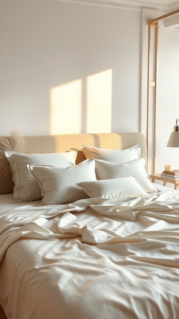 A cozy bedroom featuring silk sheets and pillows in soft tones, with gentle sunlight streaming in.