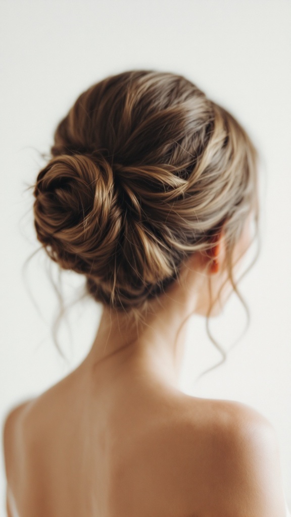 An elegant bun hairstyle for bridesmaids, featuring soft waves and a minimalist design.