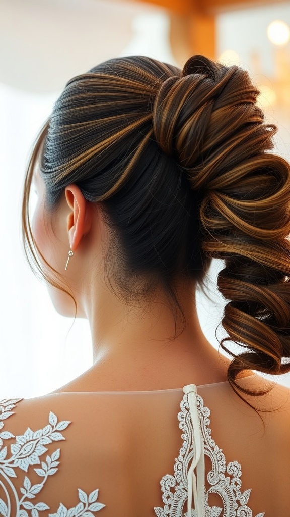 A bride's elegant ponytail hairstyle with soft curls and minimalistic accessories, showcasing a delicate lace dress.