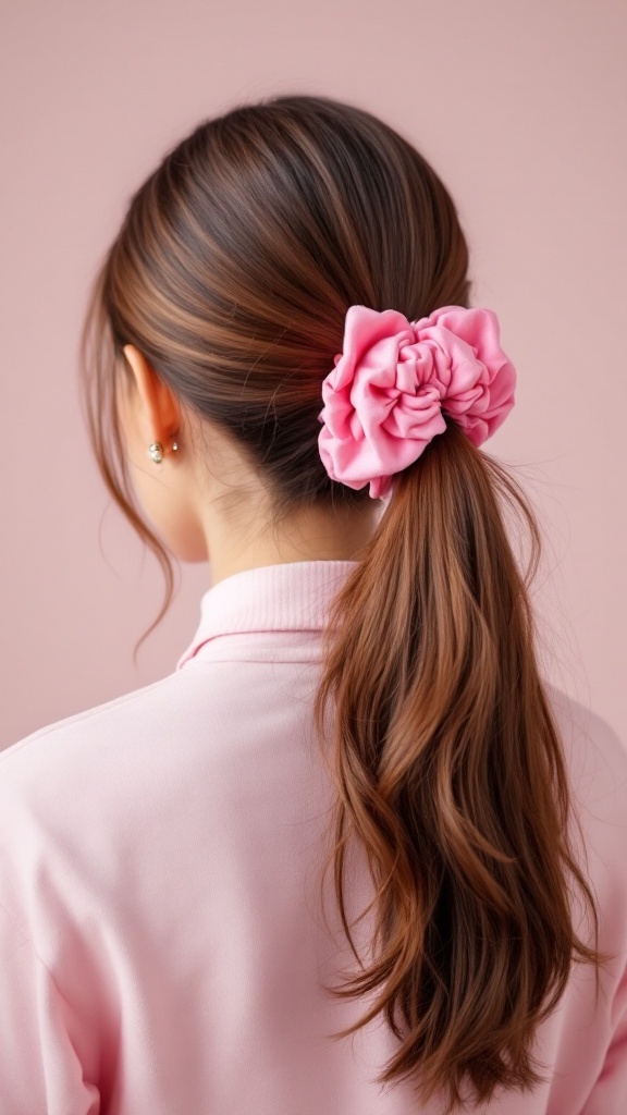 A hairstyle featuring a simple ponytail held with a pink scrunchie.