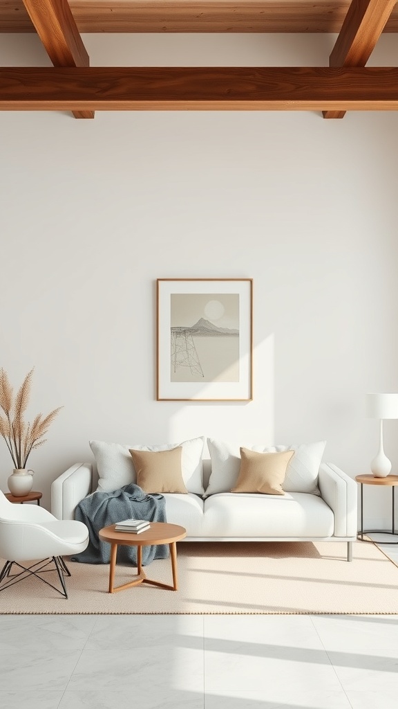 A minimalist living room featuring a white sofa, simple artwork on the wall, and a cozy atmosphere.